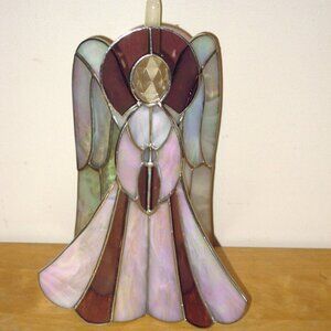 Vintage Angel Stained Glass Candle Holder Sun Catcher Pink Slag 10”